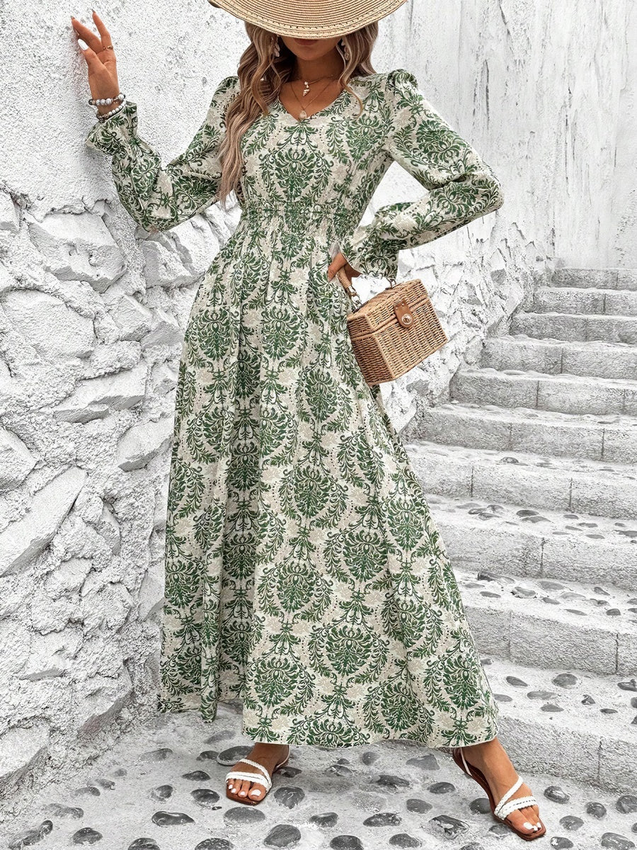 Floral Long Sleeve Square Collar Vacation And Leisure Maxi Dresses