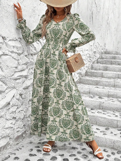 Floral Long Sleeve Square Collar Vacation And Leisure Maxi Dresses