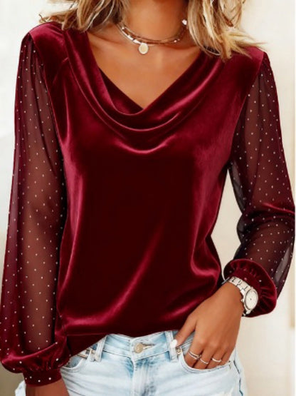 V-neck Mesh Rhinestones Velvet Long Sleeve T-shirts