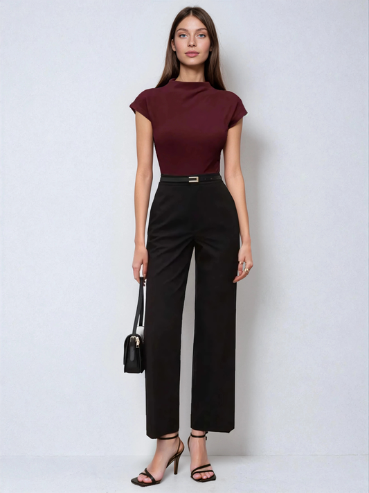 Batwing Sleeve Top With Stand Collar For Office And School