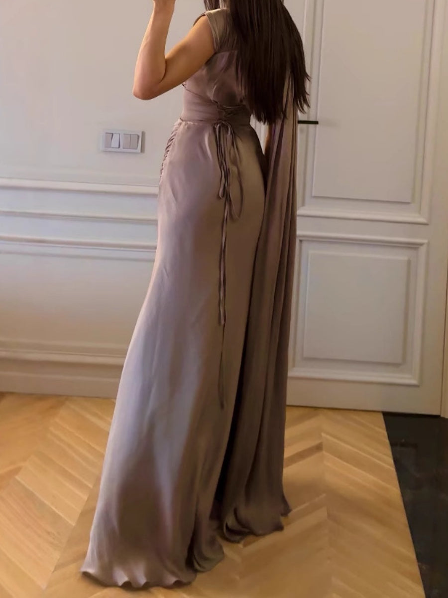 Gray Purple Pleated Ribbon Satin Maxi Dresses