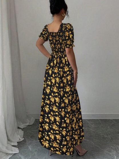 Floral Short Sleeve Square Collar Ruffle Vacation And Leisure Maxi Dresses