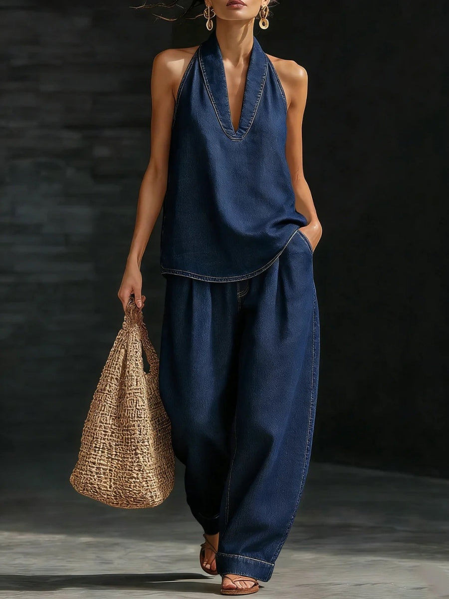 Vintage Distressed Washed Denim Sleeveless Top And Loose-fitting Trousers Two-piece Set