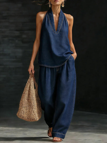 Vintage Distressed Washed Denim Sleeveless Top And Loose-fitting Trousers Two-piece Set