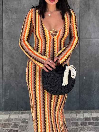 Striped Color Blocking V-neck Long Sleeve Maxi Dresses