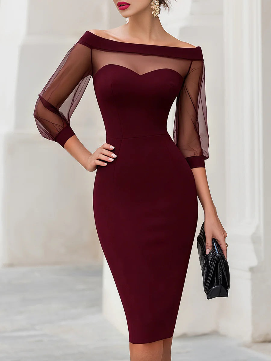 Off-the-shoulder Mesh-paneled Fitted Midi Dress
