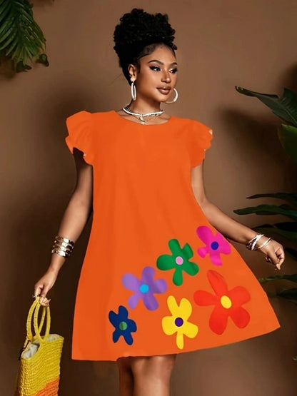 Floral Print Round Neck And Flutter Sleeves Mini&Short Dresses
