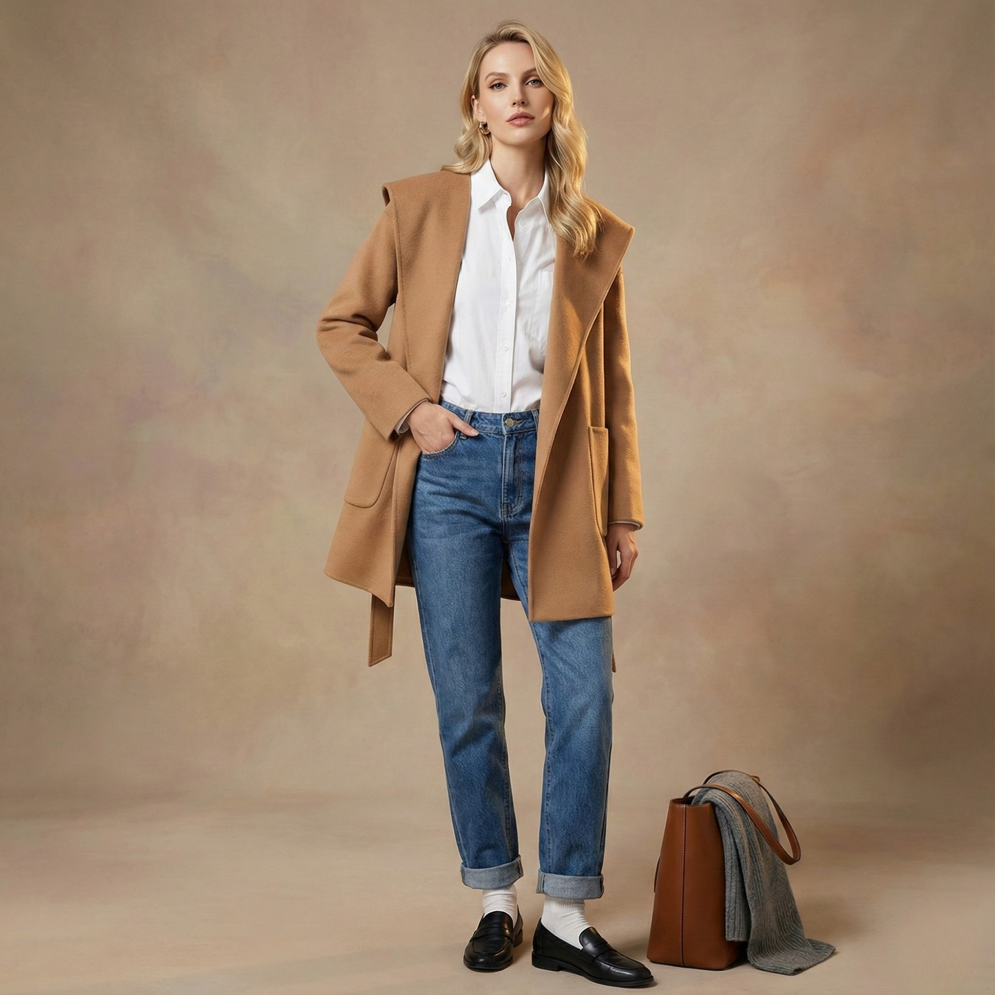 | Long Pointed Coat in Camel Hair