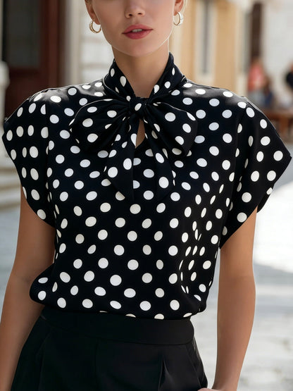 Flying Sleeves Commuting Bow Polka Dots Chiffon Blouse