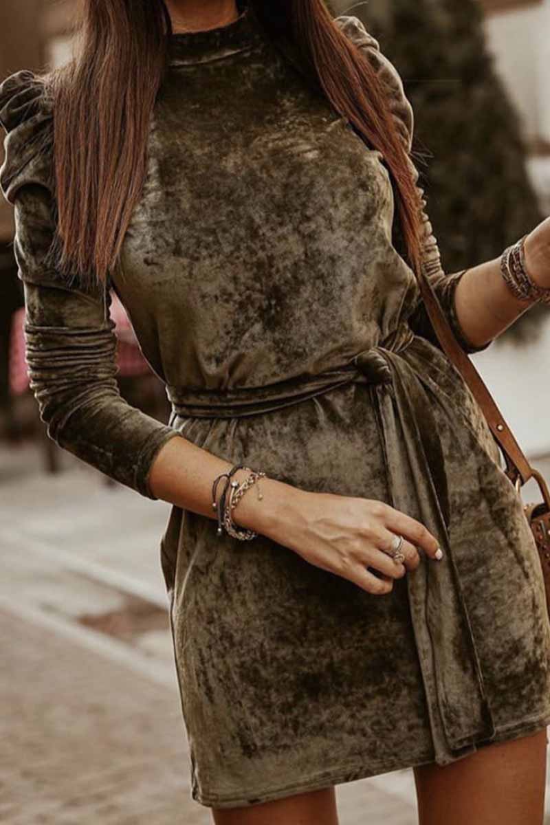 Velvet Puff Shoulder Tie-Waist Long Sleeve Mini Dress