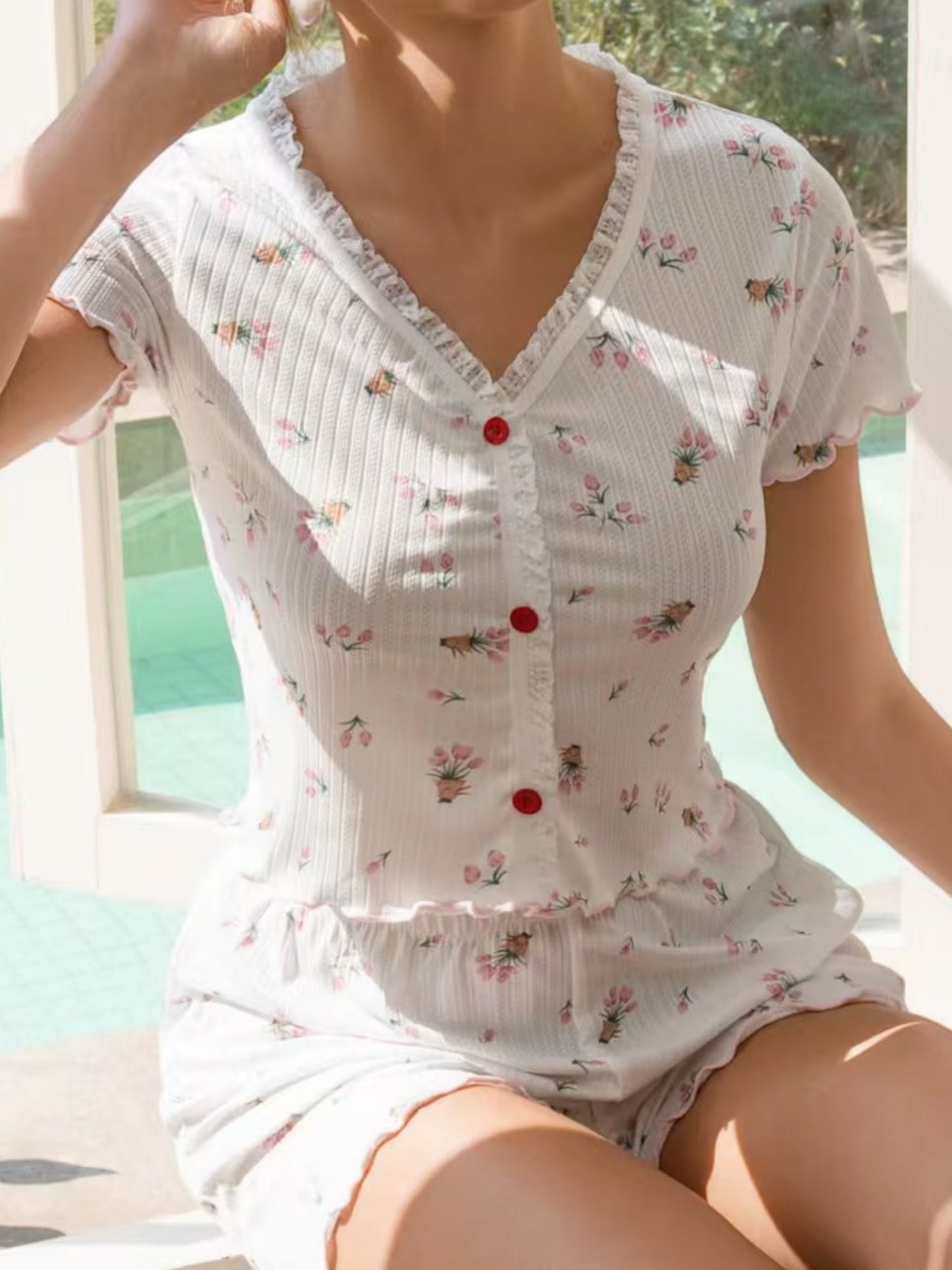 Printed Button Lace Short Sleeves And Shorts Pajama Set