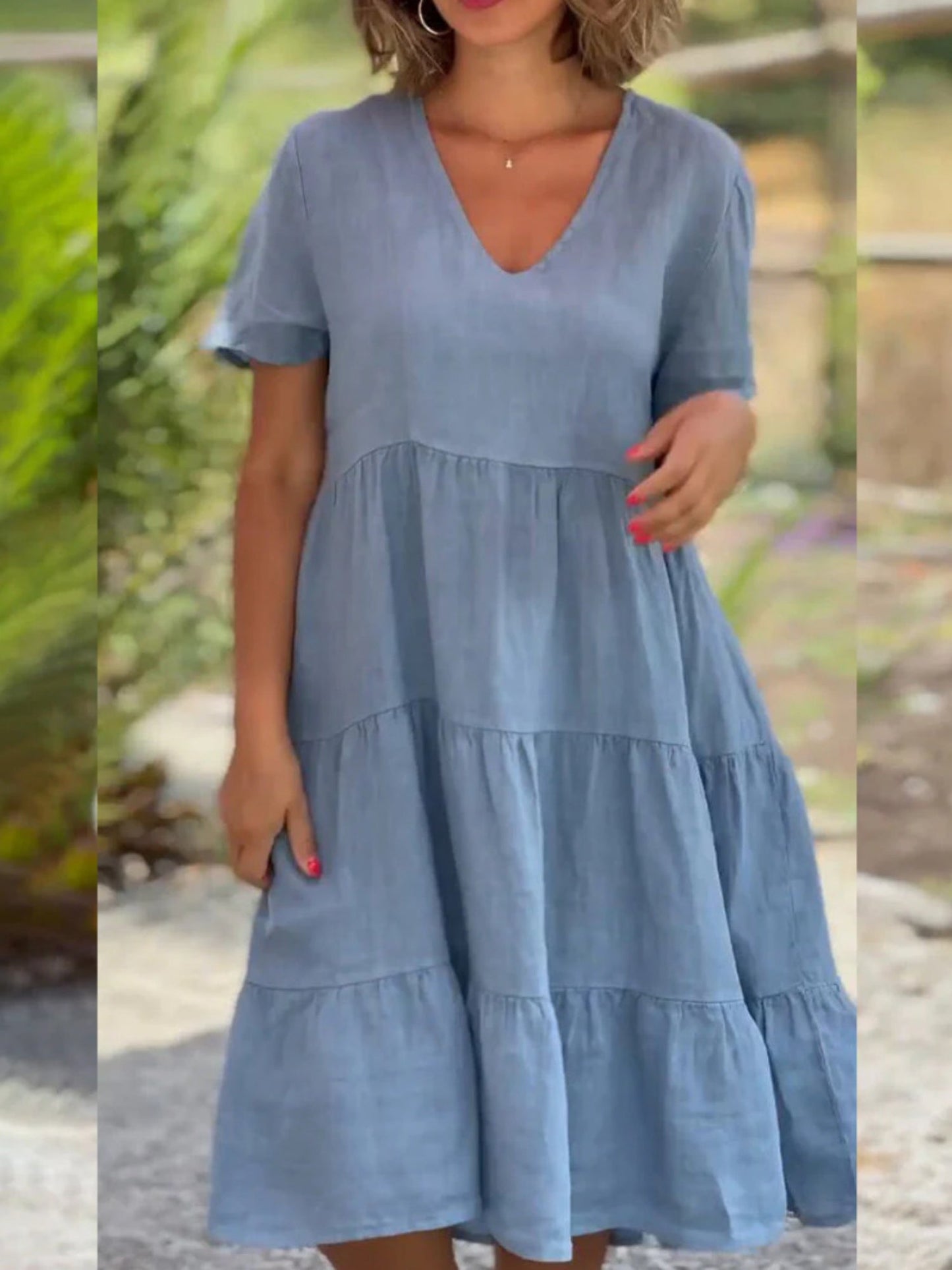 V-neck Large Skirt Short Sleeves Mini&Short Dresses