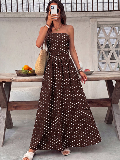 Polka Dots Tucking And Waist-cinching Strapless Maxi Dresses