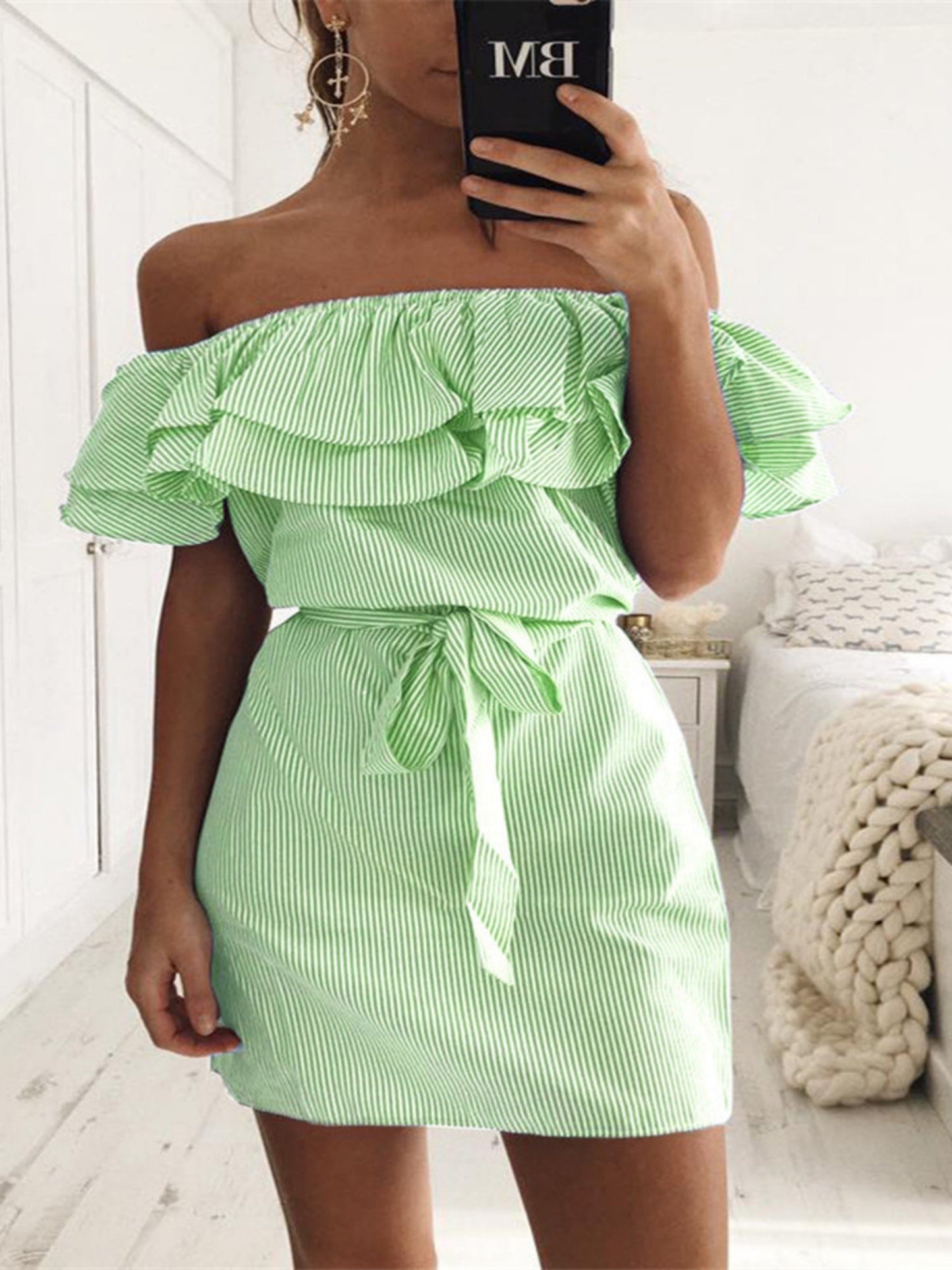 Stripes Ruffle Off-shoulder Mini&Short Dresses