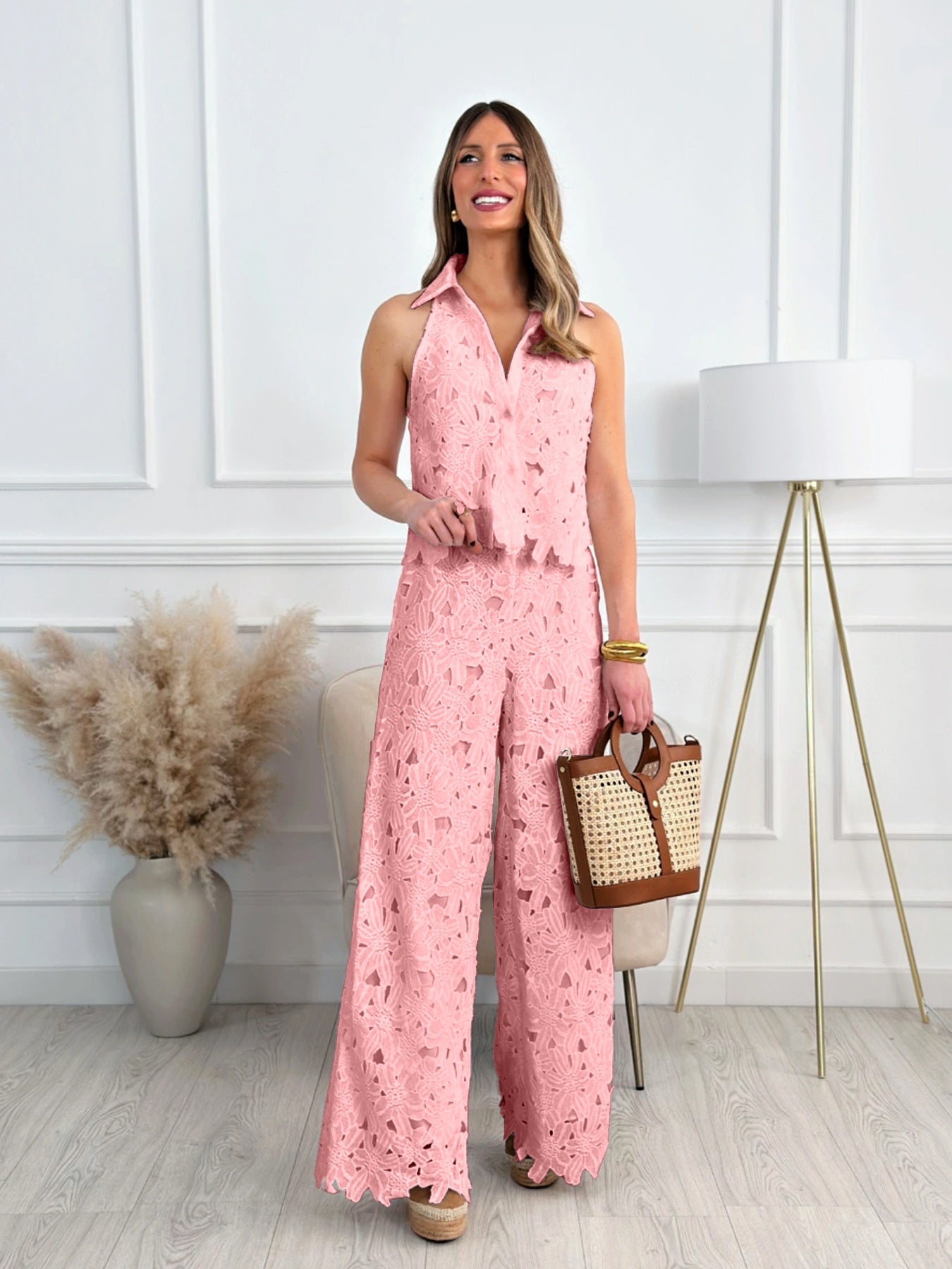Heavy Embroidered Hollow V-neck Vest Top With Wide-leg Straight Trousers 2-piece Sets