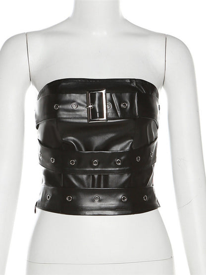 PU Leather Metal Buckle Decoration Strapless Vest