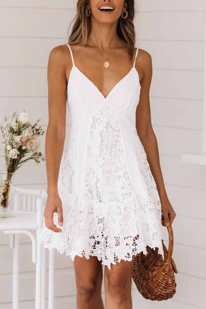 Deep V-Neck Lace Overlay Spaghetti Strap Scalloped Hem A-Line Mini Dress