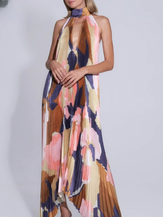 Halter Neck Plunging V Accordion Pleat Abstract Print Maxi Dress