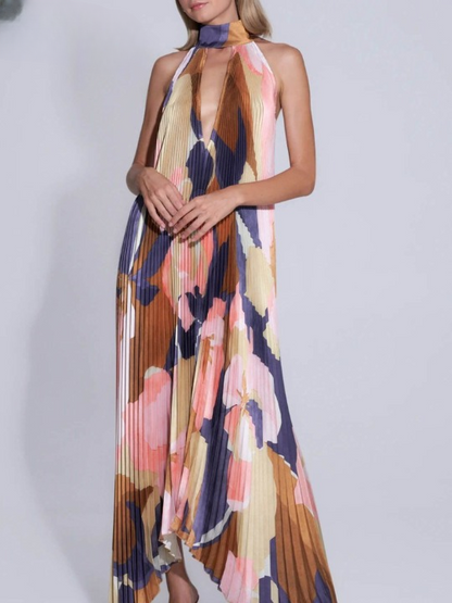 Halter Neck Plunging V Accordion Pleat Abstract Print Maxi Dress