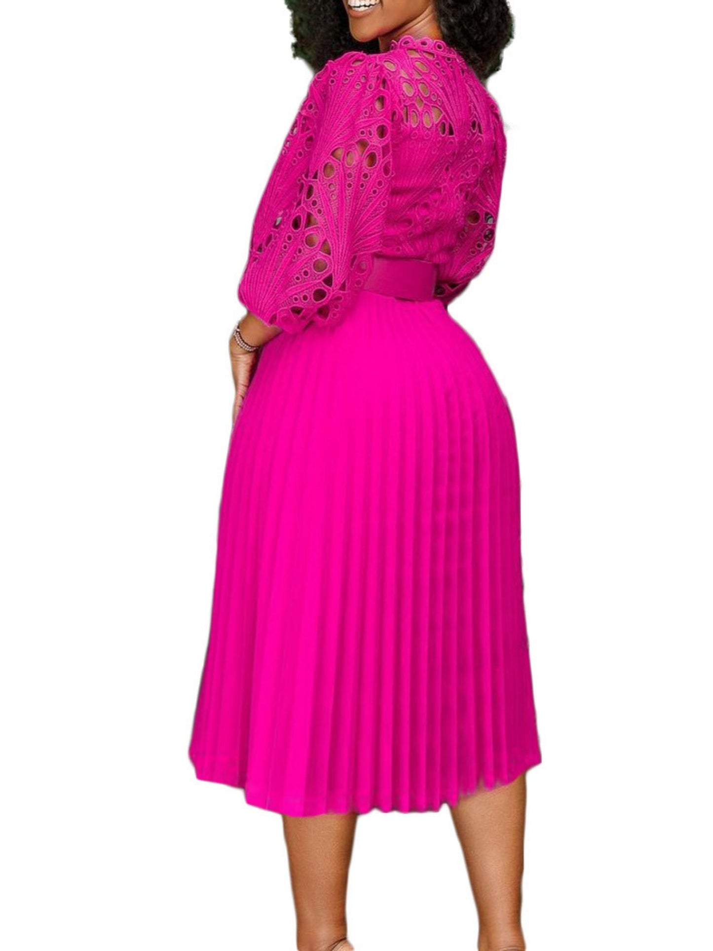 Lace Cutout Lace Patchwork With Belt Long Sleeves Midi Dresses