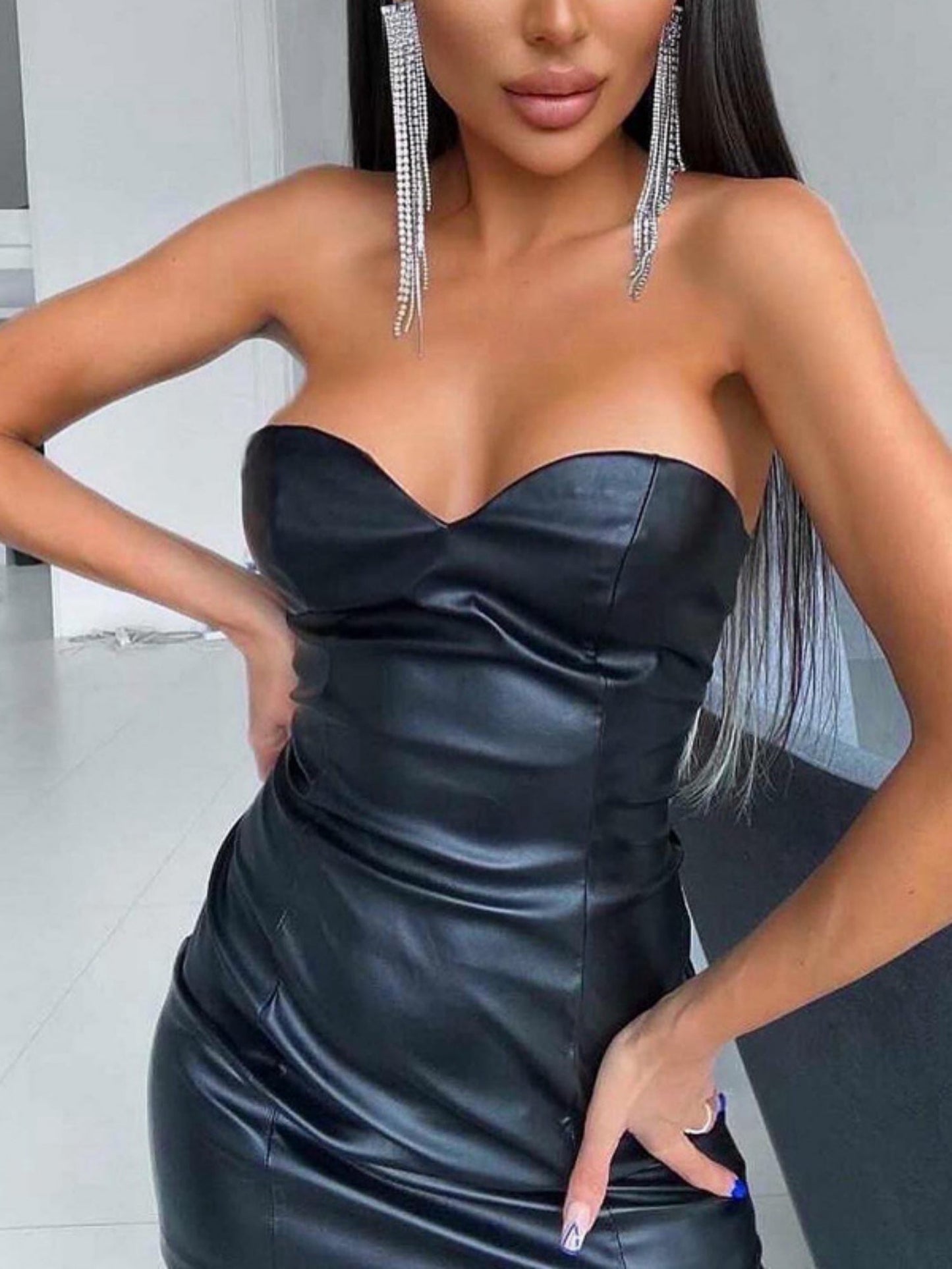 PU Leather Pleated Strapless Bodycon Mini&Short Dresses