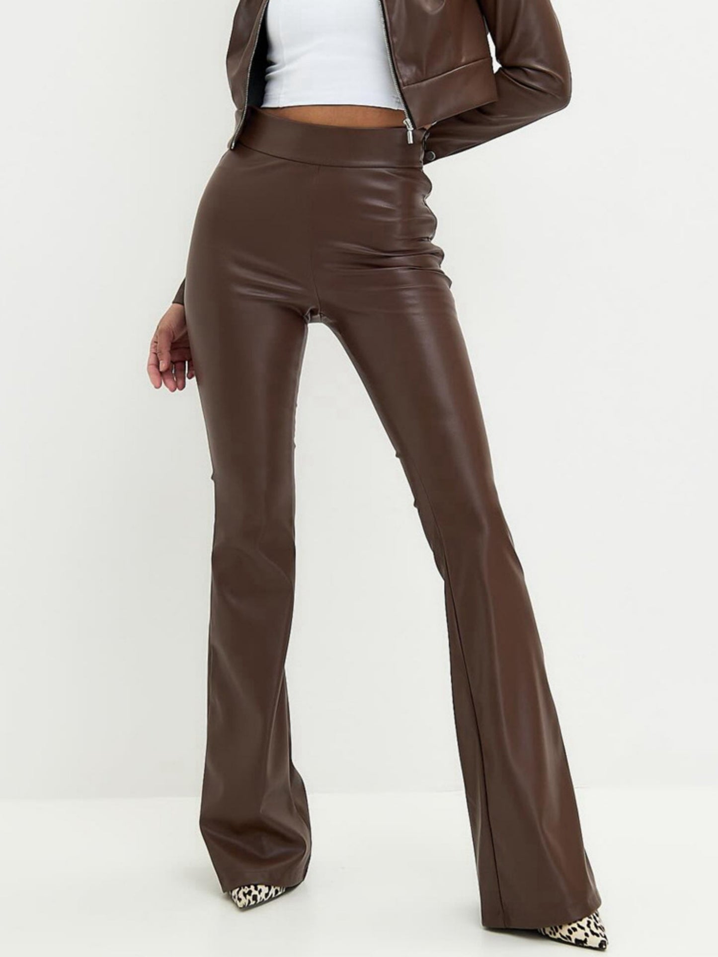 PU Glossy Leather High-waisted Flared Pants