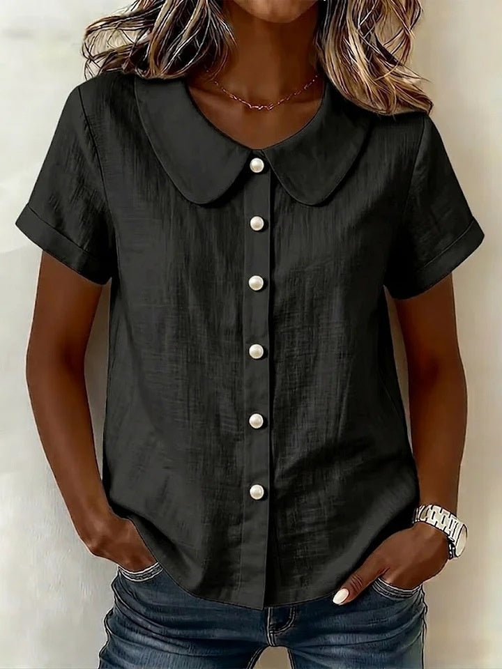 Cotton And Linen Short-sleeved Peter Pan Collar T-shirt
