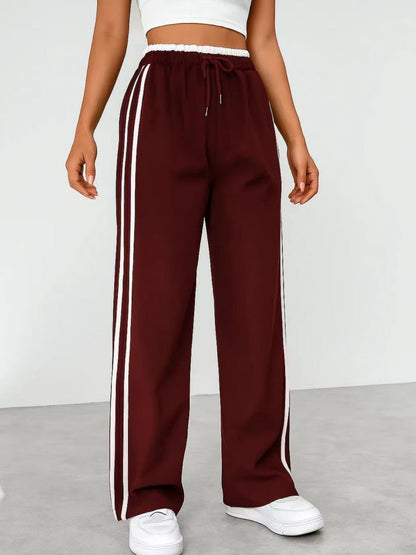 Drawstring High-waisted Wide-leg Pants Loose-fit Drape Sports Pants