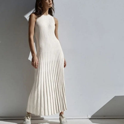 Rib Knit Bodice Accordion Pleated Skirt Sleeveless Maxi Dress