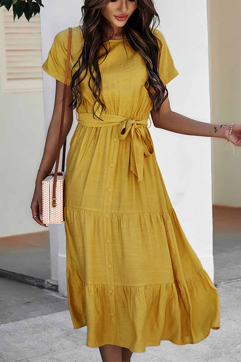Button-Front Tie-Waist Tiered Short Sleeve Midi Shirt Dress
