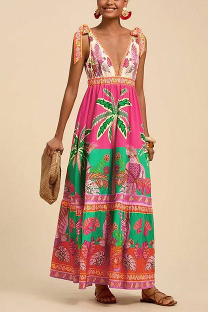 Margovil Bow Shoulder V Neck Sleeveless Printed Maxi Vacation Dress