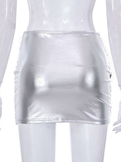 PVC Glossy Patent Leather Cross Pleats Sexy Short Skirt