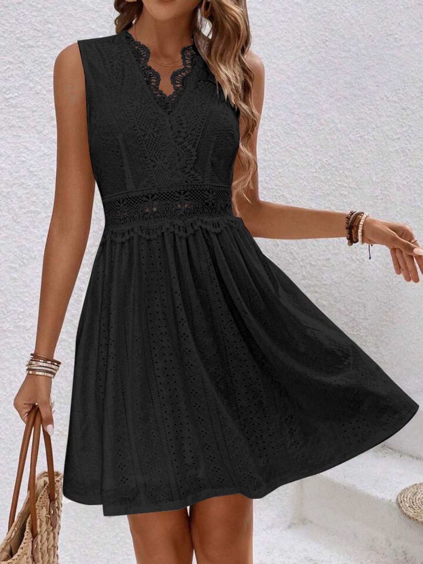 Lace Trim Openwork Jacquard V-neck, Fitted Waist Sleeveless Mini&Short Dresses