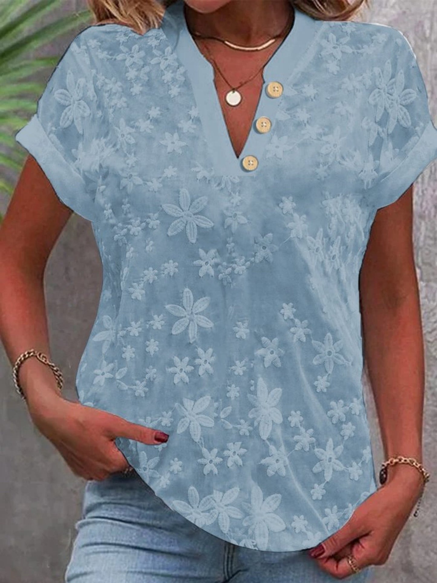 Flower Embroidery V-neck Short Sleeve T-shirts