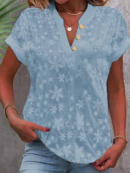 Flower Embroidery V-neck Short Sleeve T-shirts