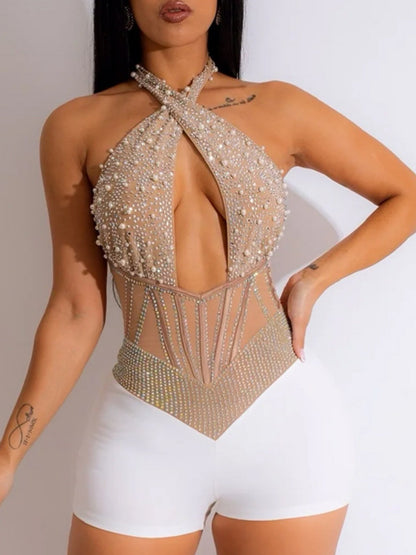 Hot-fix Rhinestones And Bubbles Mesh Splicing Halter Neck Cutout Sleeveless Jumpsuits