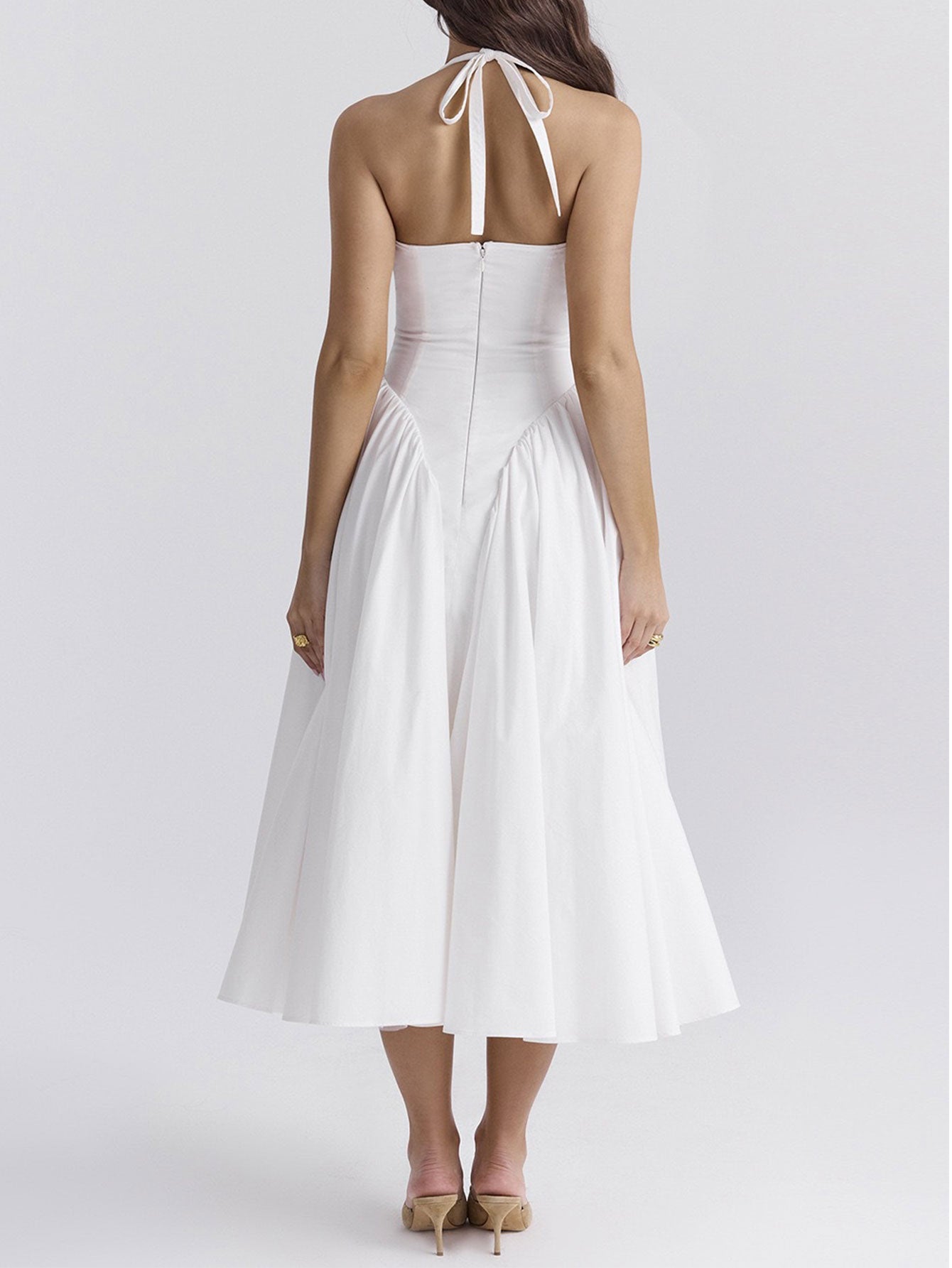 Gingham Plunge Halter Neck Fit and Flare Midi Dress