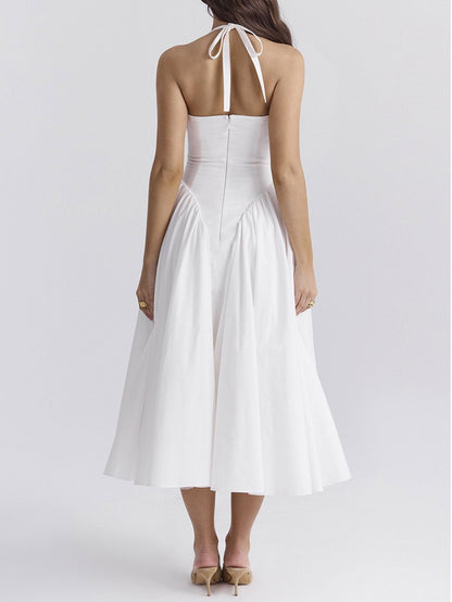 Gingham Plunge Halter Neck Fit and Flare Midi Dress