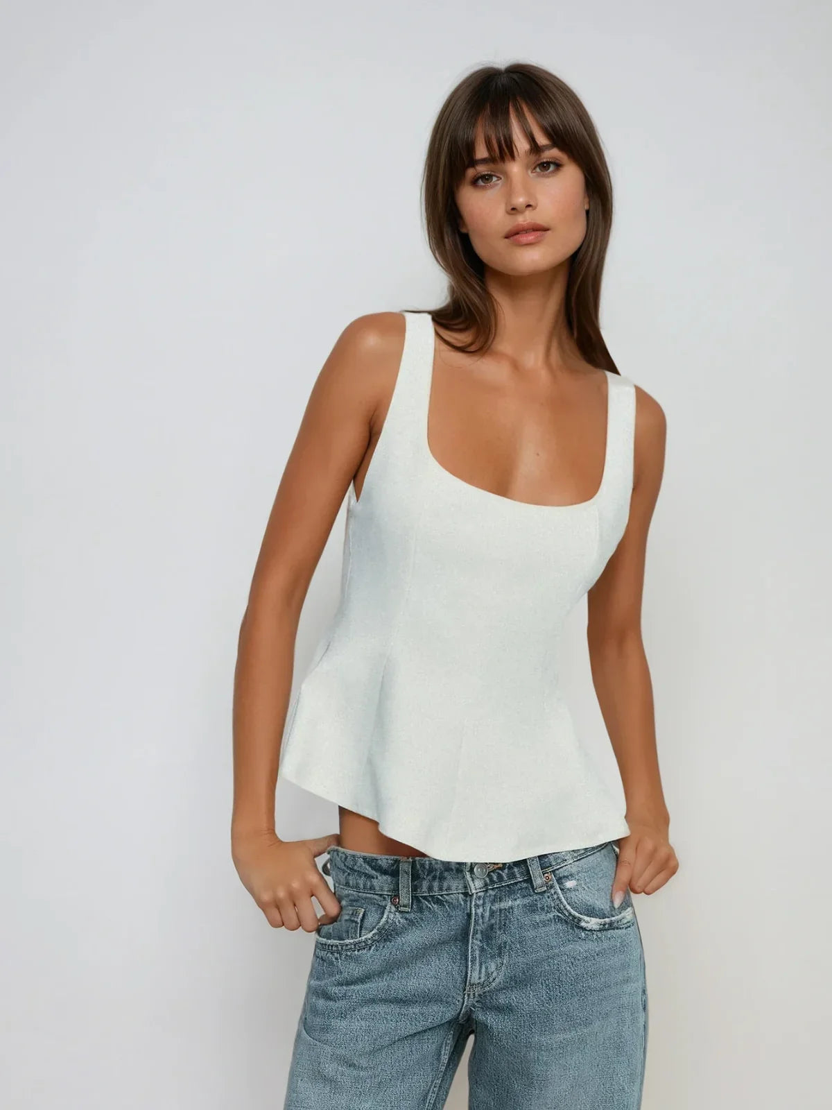 Slim-fit Square Collar Sleeveless Peplum Top