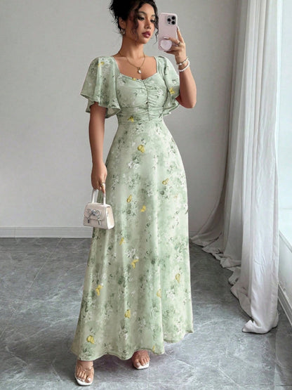 Floral Lotus Leaf Sleeves Sweetheart Collar Vacation And Leisure Maxi Dresses