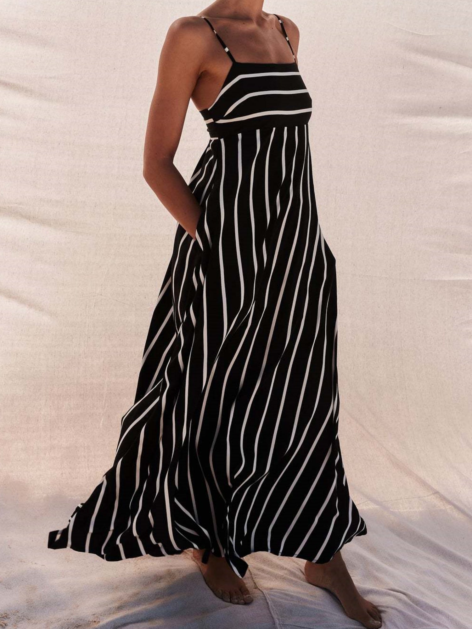Striped Color Blocking Spaghetti Strap Backless Large Skirt Pockets Maxi Dresses