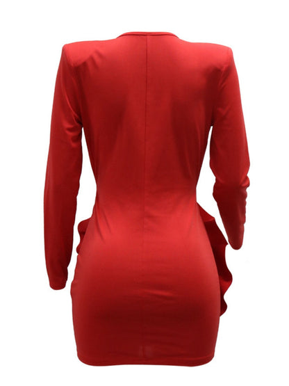 3D Flowers Valentine's Day Deep V Long Sleeve Pleated Mini&Short Dresses