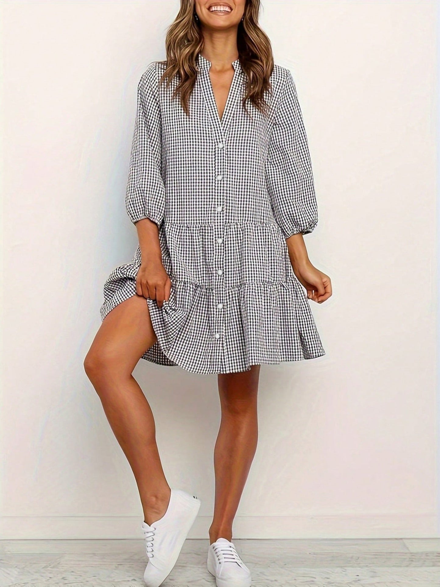 Plaid Buttons Stand Collar And Three-quarter Sleeves Mini&Short Dresses