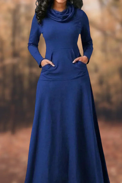 Cowl Neck Long Sleeve Kangaroo Pocket Jersey A-Line Maxi Dress
