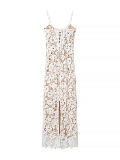 Lace See-through Strappy Slit Maxi Dresses