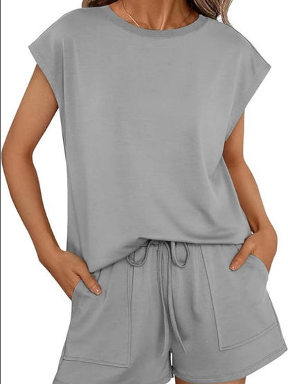 Round Neck Loose Short Sleeve Strappy Pocket Shorts Sports And Leisure 2-piece Sets