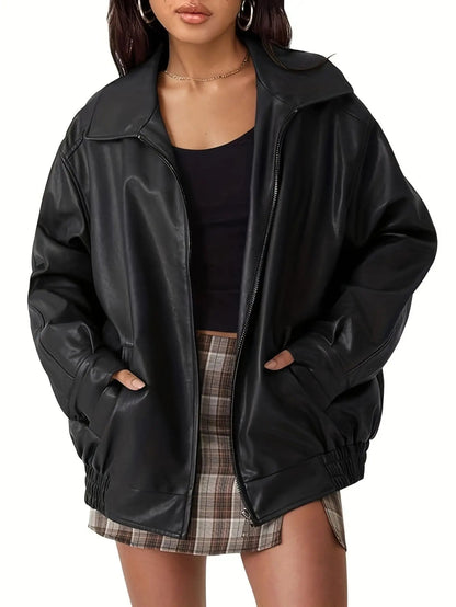 | Women’s Classic Oversized Leather Bomber Jacket