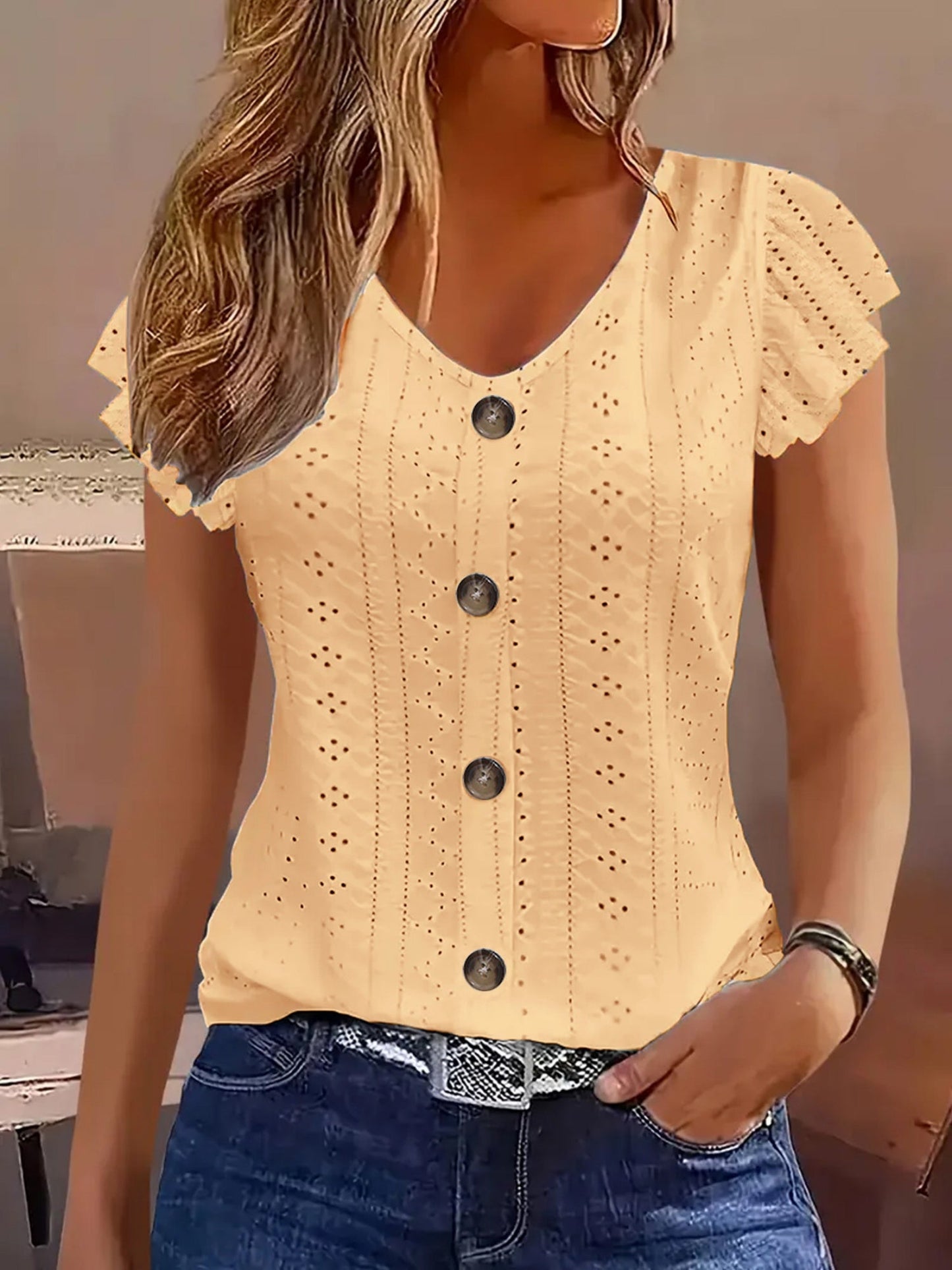 Jacquard Hollow Out Lotus Leaf Sleeves Buttons Crew Neck T-shirts