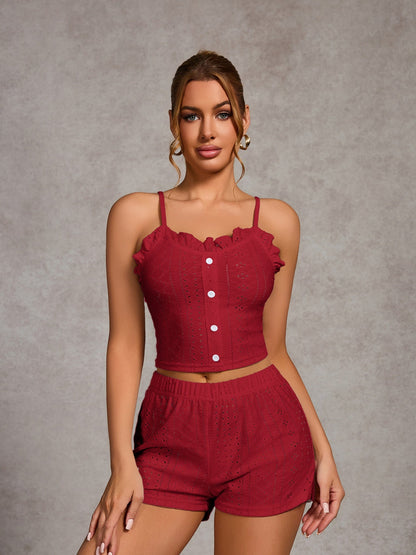 Openwork Ruffle Edge Tank Top And Shorts Loungewear 2-piece Sets