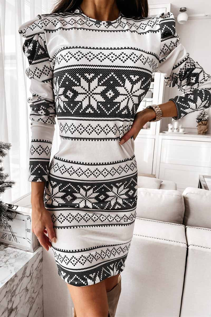 Fair Isle Snowflake Print Puff Shoulder Long Sleeve Bodycon Mini Dress